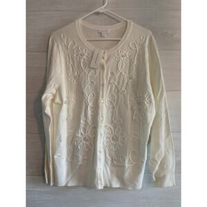 CHARTER CLUB Women's Embellished Ivory Cardigan Sweater Size XL faux pearl